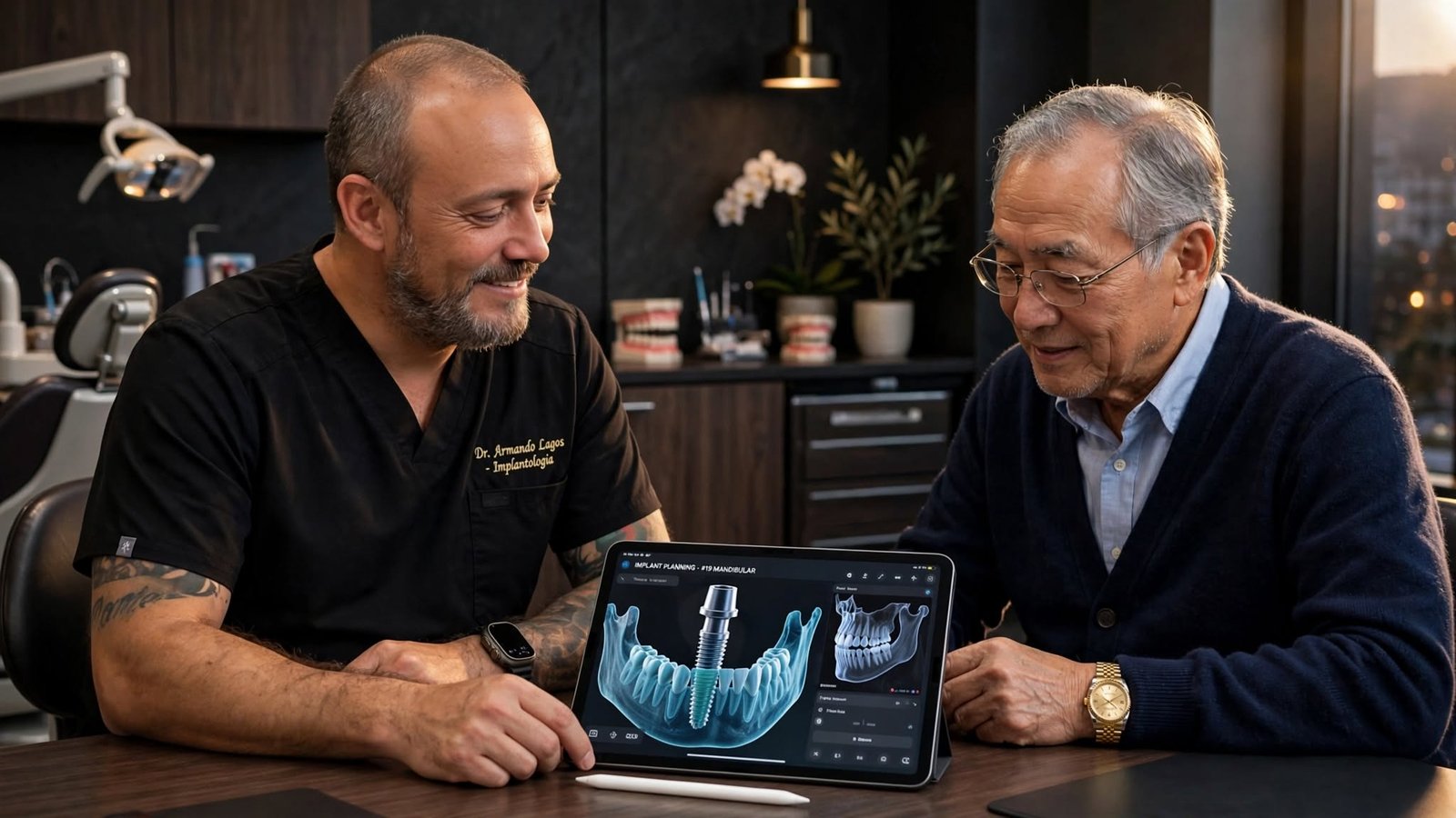 Dr. Armando Lagos explicando un diagnóstico implantológico a un paciente en consulta